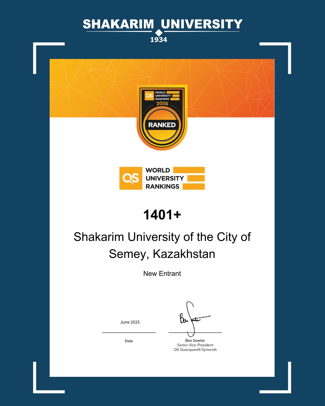 A New Status as a Regional Leader: Shakarim University in QS World University Rankings 2026 for the First Time